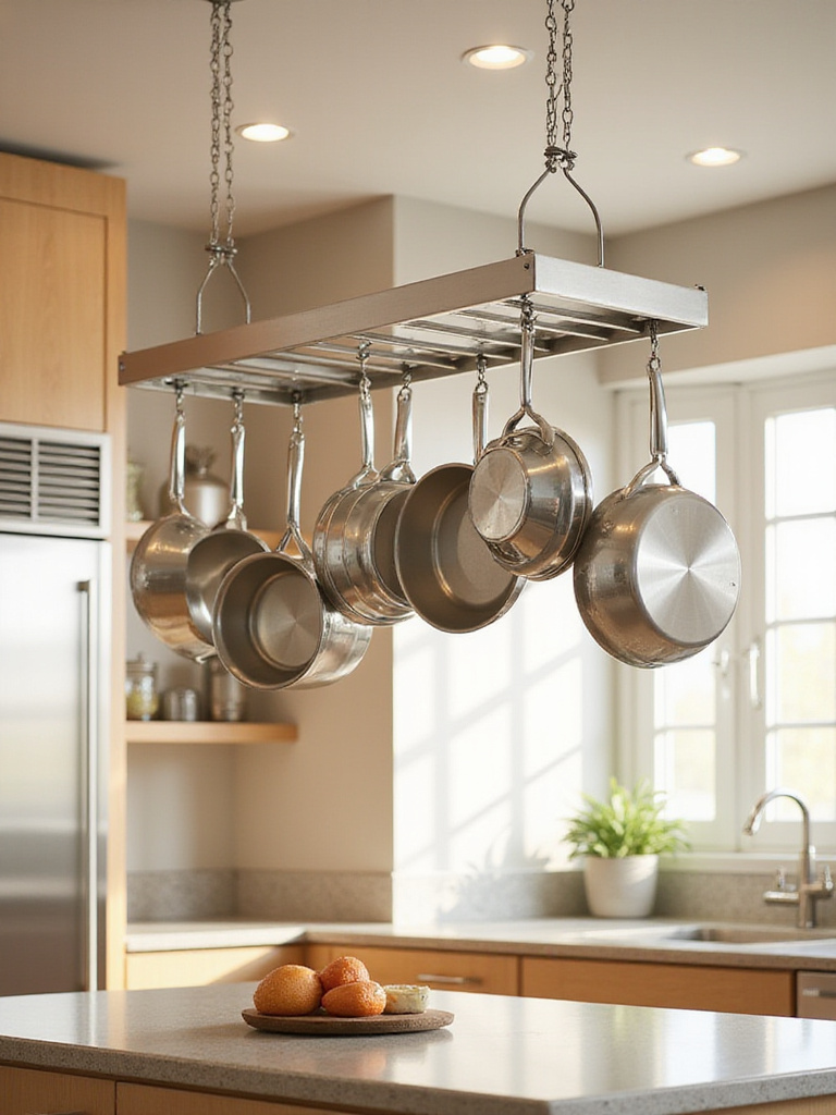 Pots and pans hanging from a stainless steel pot rack in a modern kitchen.