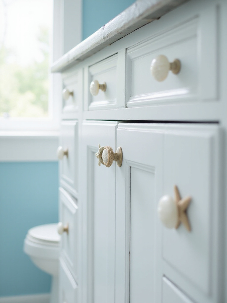 Beach bathroom vanity with nautical seashell and rope-wrapped hardware.