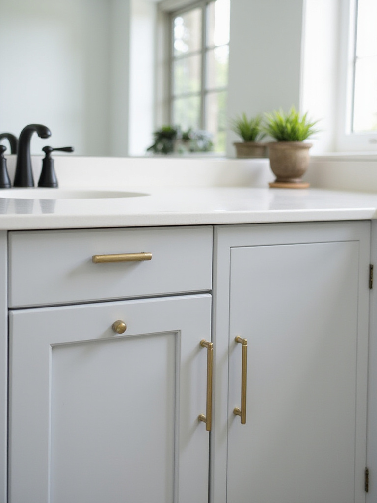 Brushed gold cabinet pulls and matte black faucet on a modern bathroom vanity.