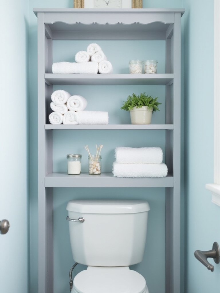 Over-the-toilet shelves providing storage in a small bathroom.