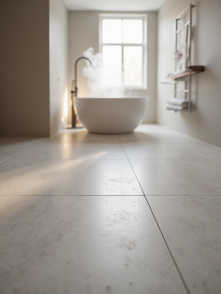 Modern bathroom with heated light grey porcelain tile floor providing warmth and comfort.