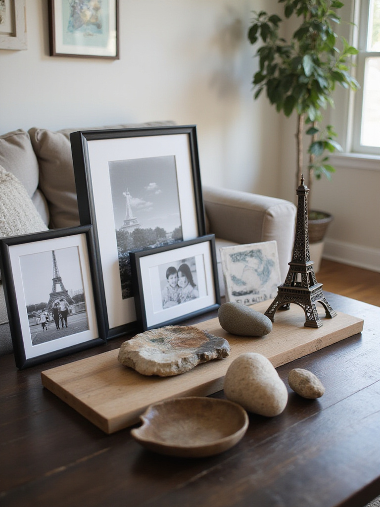 Coffee table decorated with framed photos and travel souvenirs in a cozy living room.