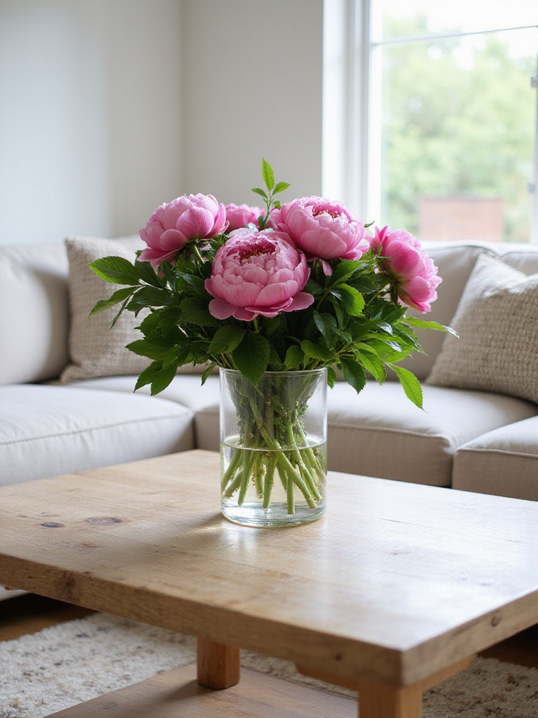 Coffee table with pink peony floral arrangement in glass vase