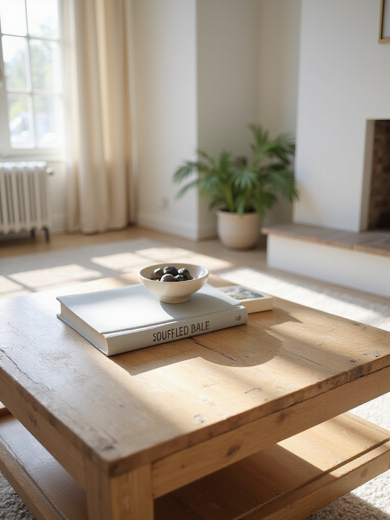 Minimalist coffee table decor with coffee table book and ceramic bowl, showcasing ample negative space.
