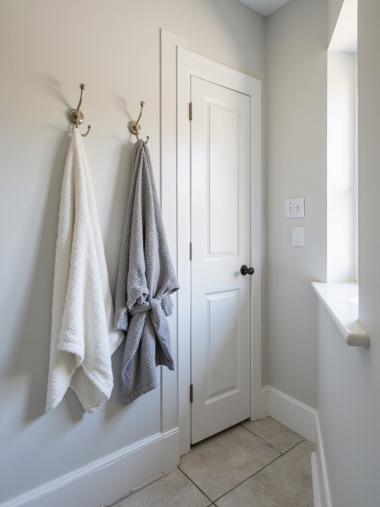 Bathroom door with brushed nickel hooks holding a towel and bathrobe