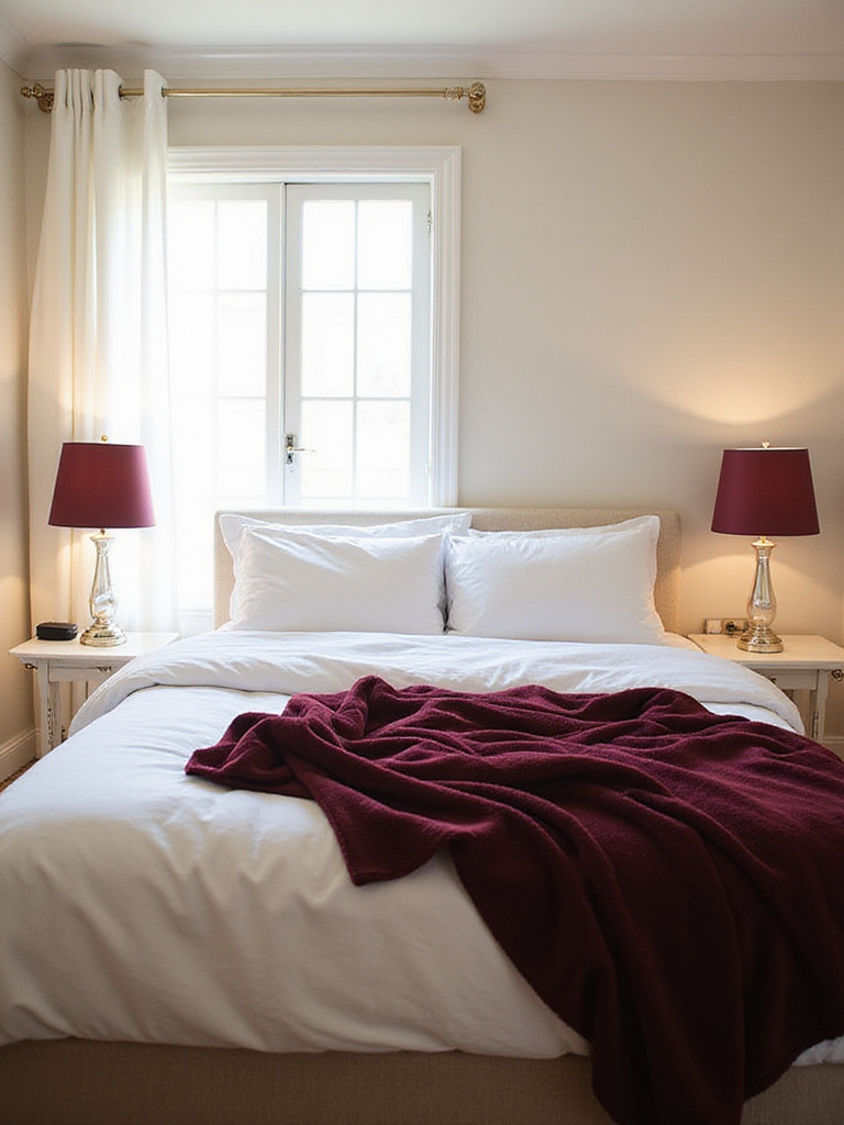 Romantic bedroom with deep red accents including a velvet blanket and lampshades.