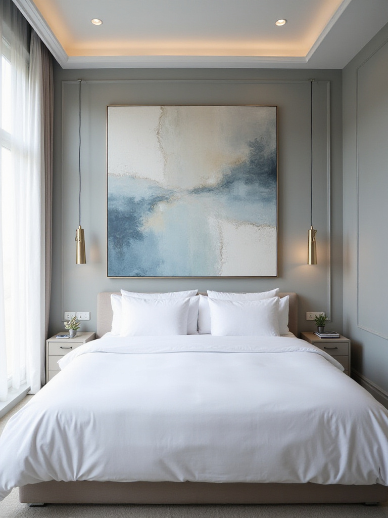 Modern bedroom with large abstract painting above bed.