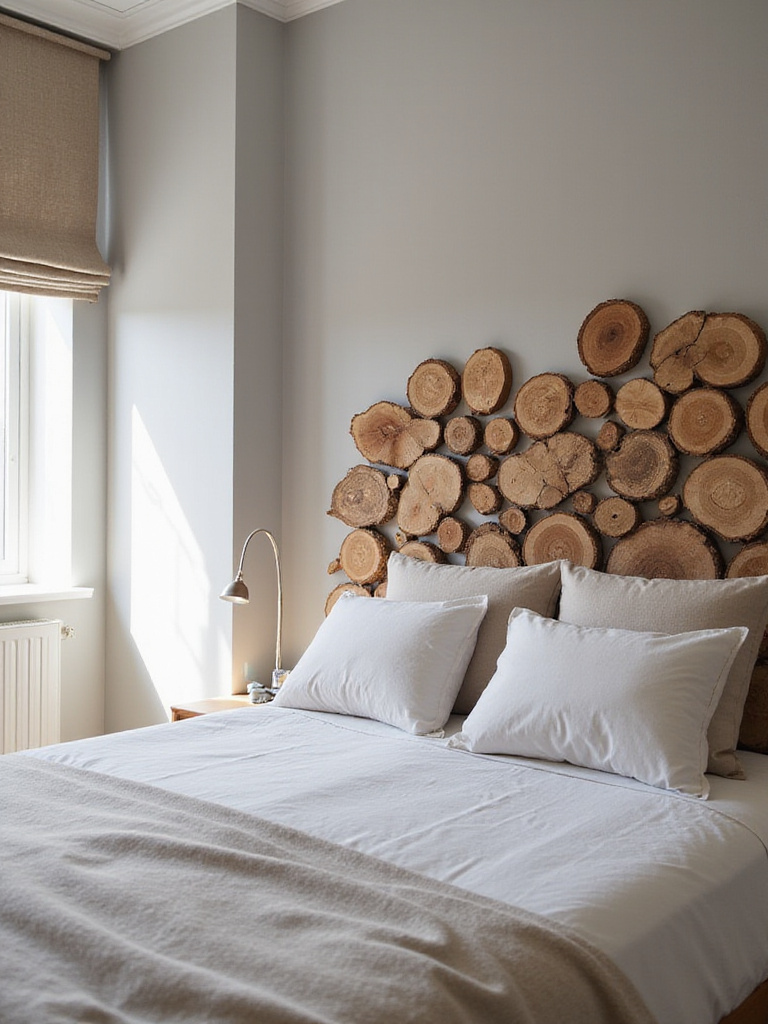 Bedroom wall decorated with rustic wood slices to create a natural and inviting headboard feature wall.