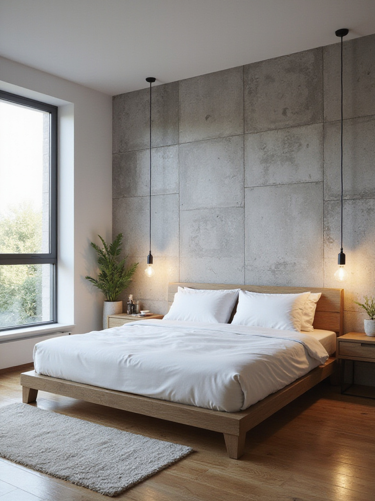 Modern bedroom with concrete effect accent wall and minimalist decor