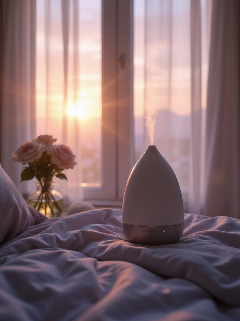 Essential oil diffuser emitting calming mist in a romantic bedroom setting