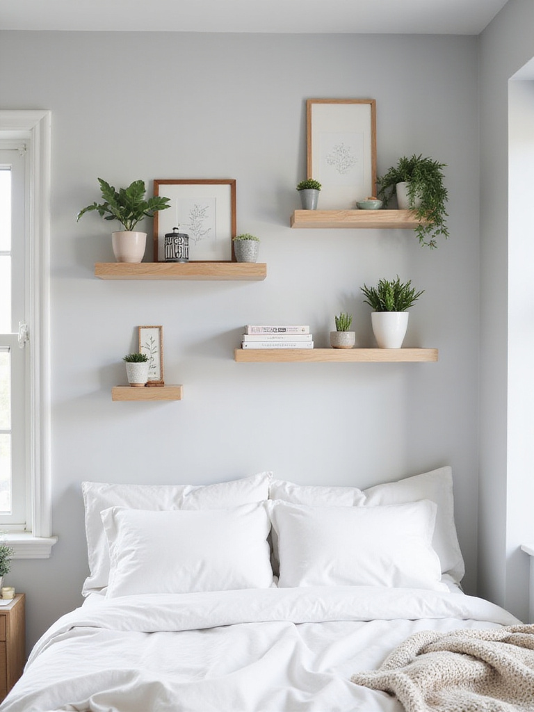 Bedroom with light wood floating shelves displaying plants and artwork above the bed.