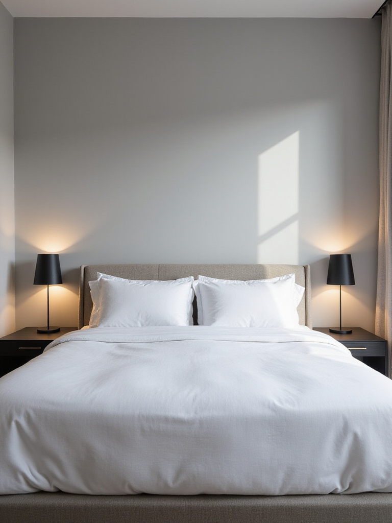 Modern bedroom with symmetrical wall sconces providing elegant and functional lighting.