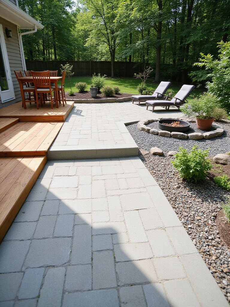 Combined outdoor living space featuring a wooden deck transitioning to a grey paver patio and a gravel seating area, surrounded by landscaping.