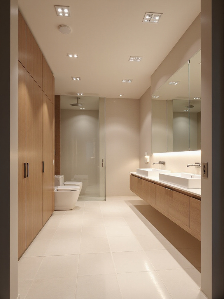 Modern bathroom with recessed and under-cabinet LED lighting, creating a relaxing and functional space.