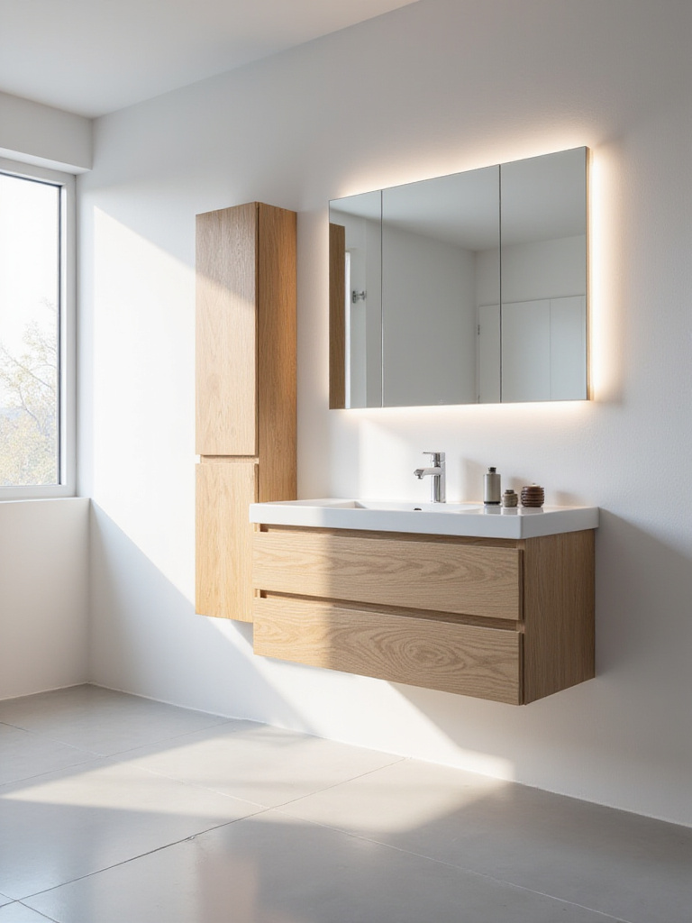 Modern bathroom with floating vanity and integrated wall storage.