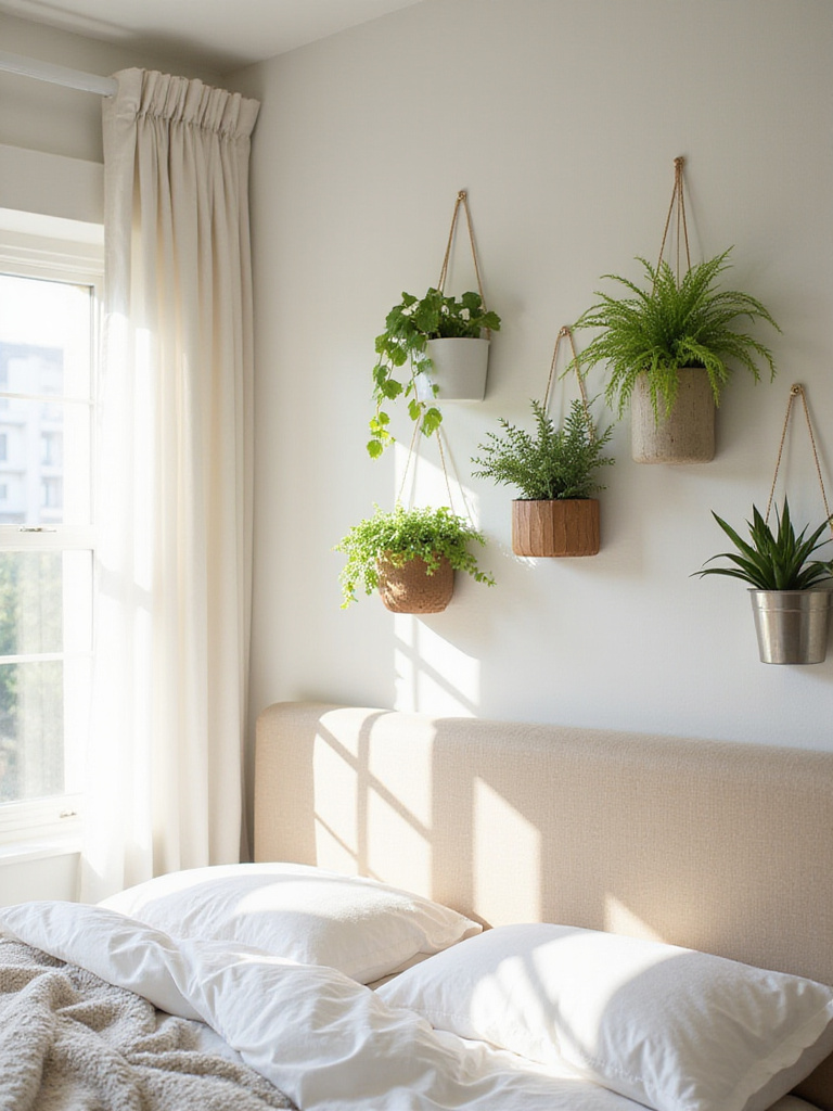 Bedroom wall decorated with various wall-mounted planters filled with lush greenery.