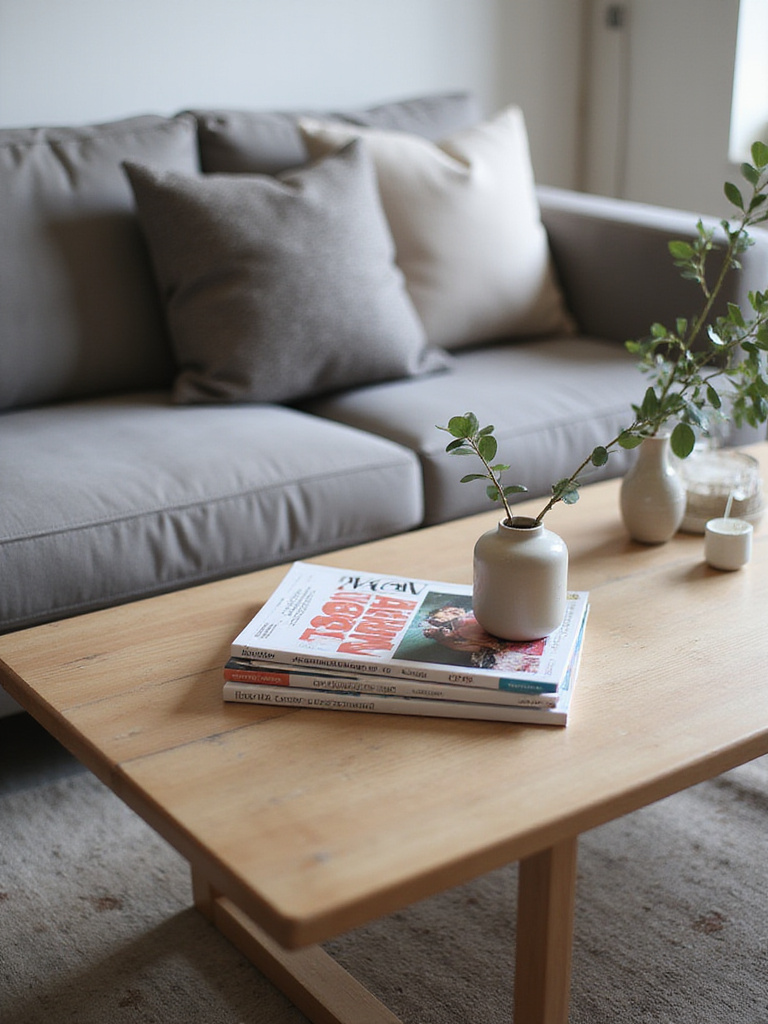 Coffee table with a curated stack of magazines and a decorative vase, adding relaxed vibes to a living room.