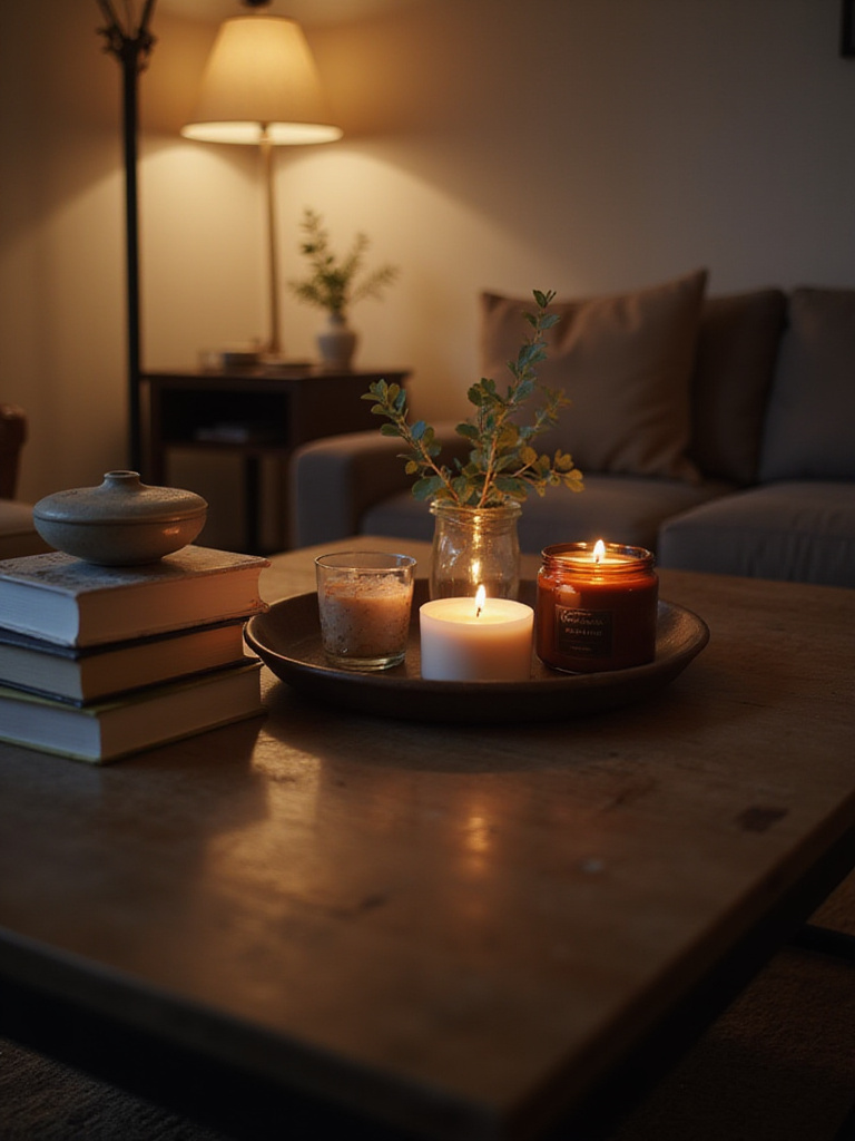 Coffee table decor with scented candles creating a cozy atmosphere