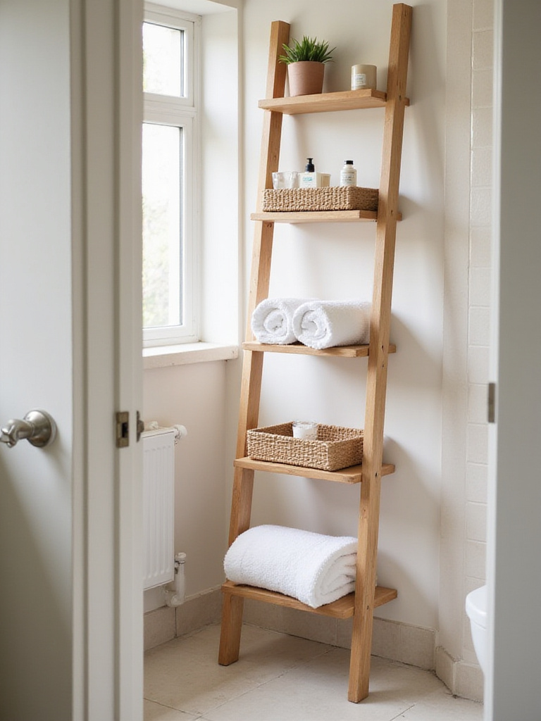 Ladder shelf in small bathroom used for stylish and open storage of towels, toiletries, and decor.