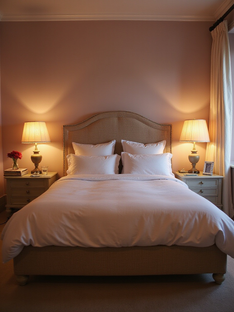 Romantic bedroom with elegant bedside tables featuring soft lighting and thoughtful accessories.