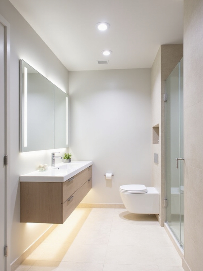 Small modern bathroom interior showcasing layered lighting techniques. Recessed ceiling lights, illuminated vanity mirror, and under-cabinet lighting create a bright, shadow-free, and expansive feel in the compact space.