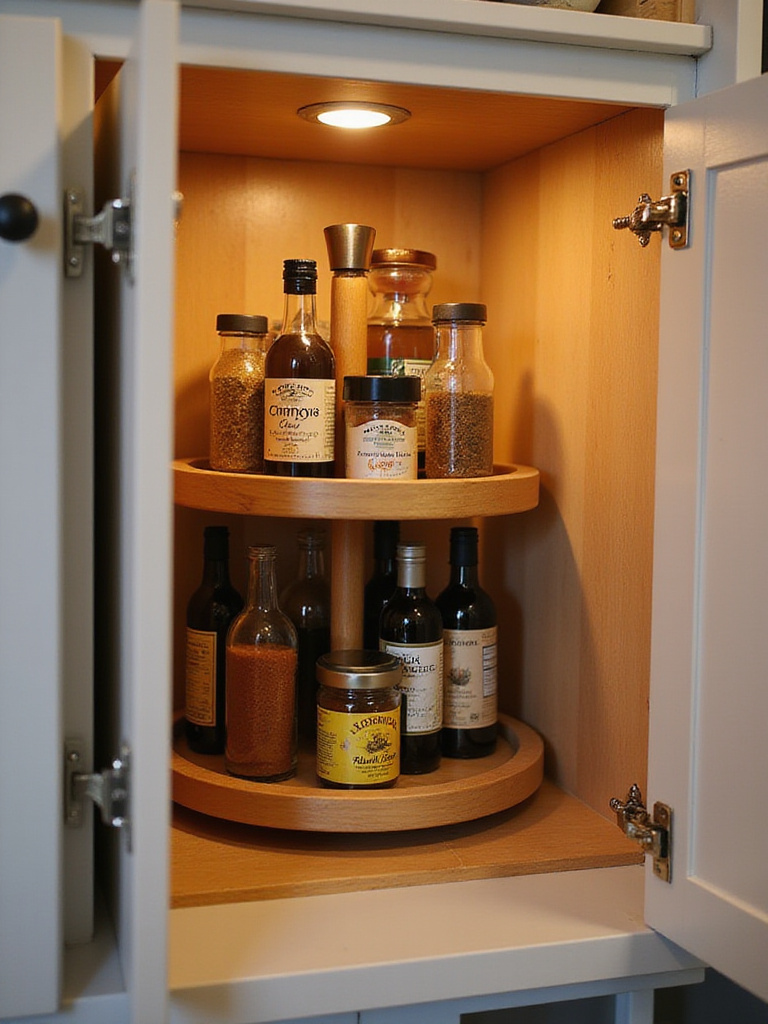 Two-tiered wooden Lazy Susan organizing spices and oils inside a kitchen cabinet.