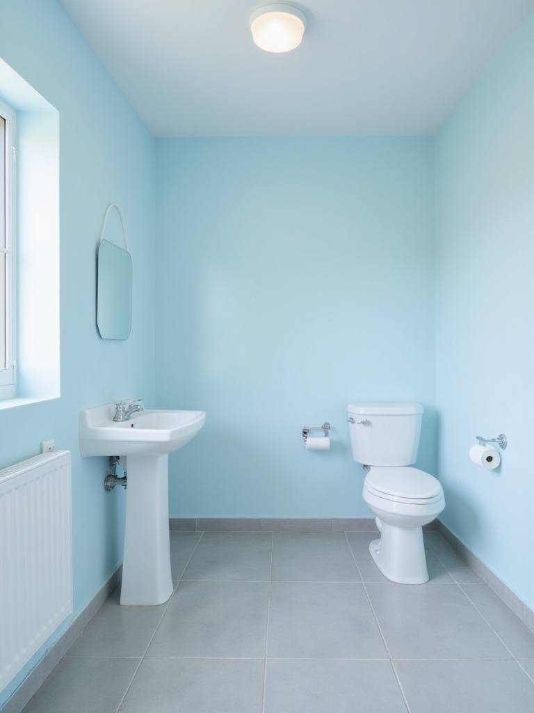 Small bathroom designed with pale blue walls, white trim, and light grey floor tiles, creating a bright, airy, and visually spacious feel.