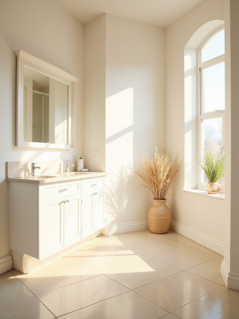 Bright and airy beach bathroom with light and reflective finishes.