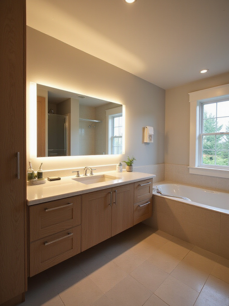 Modern bathroom with updated LED vanity lights and under-cabinet lighting.