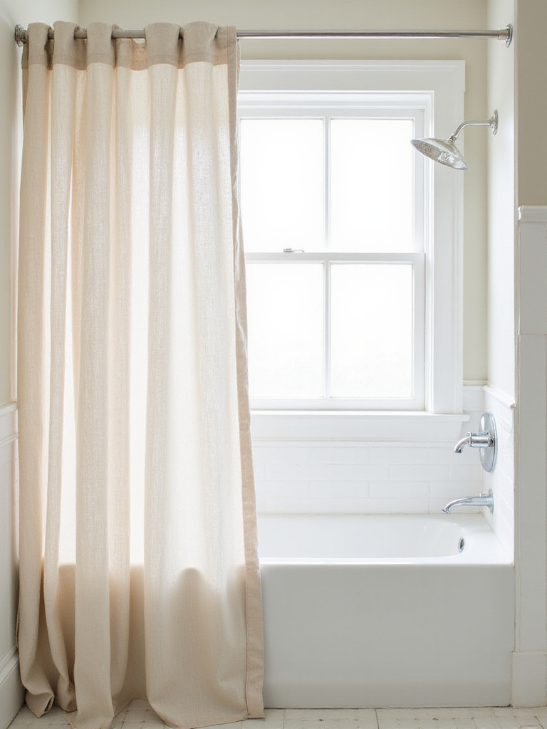 Light and airy bathroom featuring linen shower curtains and window curtains for a breezy coastal feel.