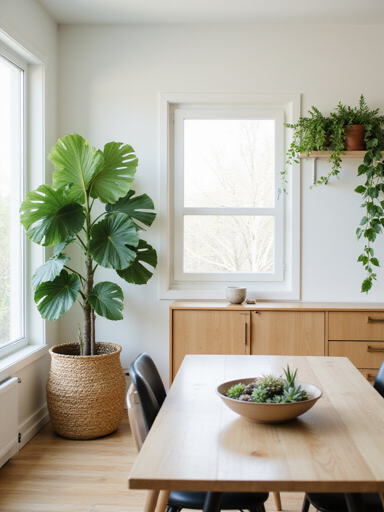 Modern dining room with lush indoor plants creating a vibrant and inviting atmosphere.
