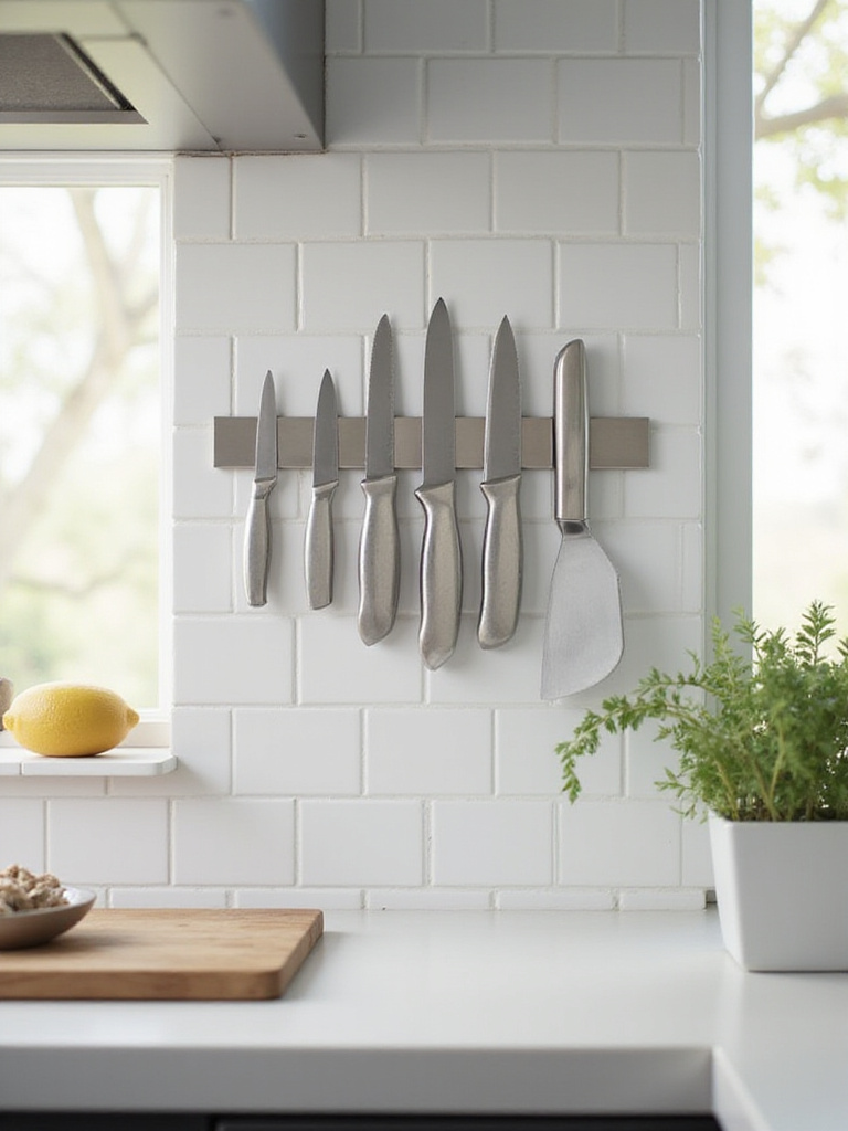 Magnetic knife strip holding various knives on a kitchen backsplash.