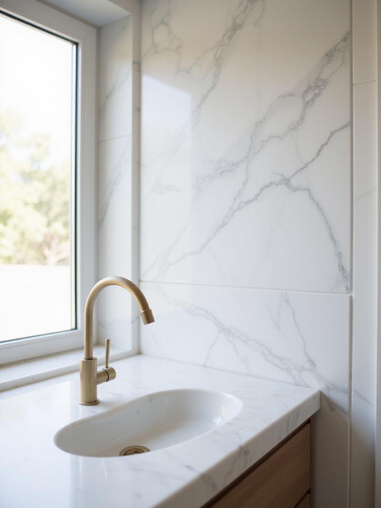Modern bathroom with marble vanity top and marble accent wall.