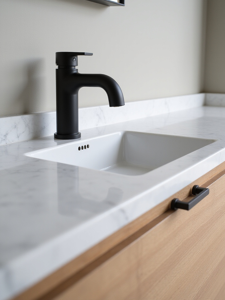 Close-up of matte black faucet and cabinet pulls in a modern bathroom.