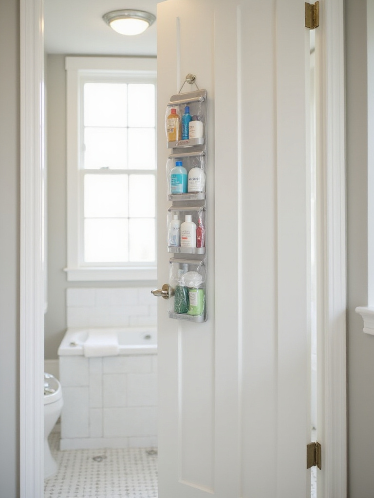 Over-the-door organizer filled with toiletries in a small bathroom.