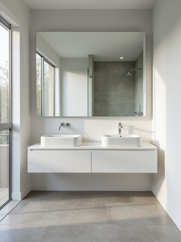 A small bathroom featuring a large, frameless mirror above the vanity that reflects natural light and the room's interior, making the space appear significantly larger.