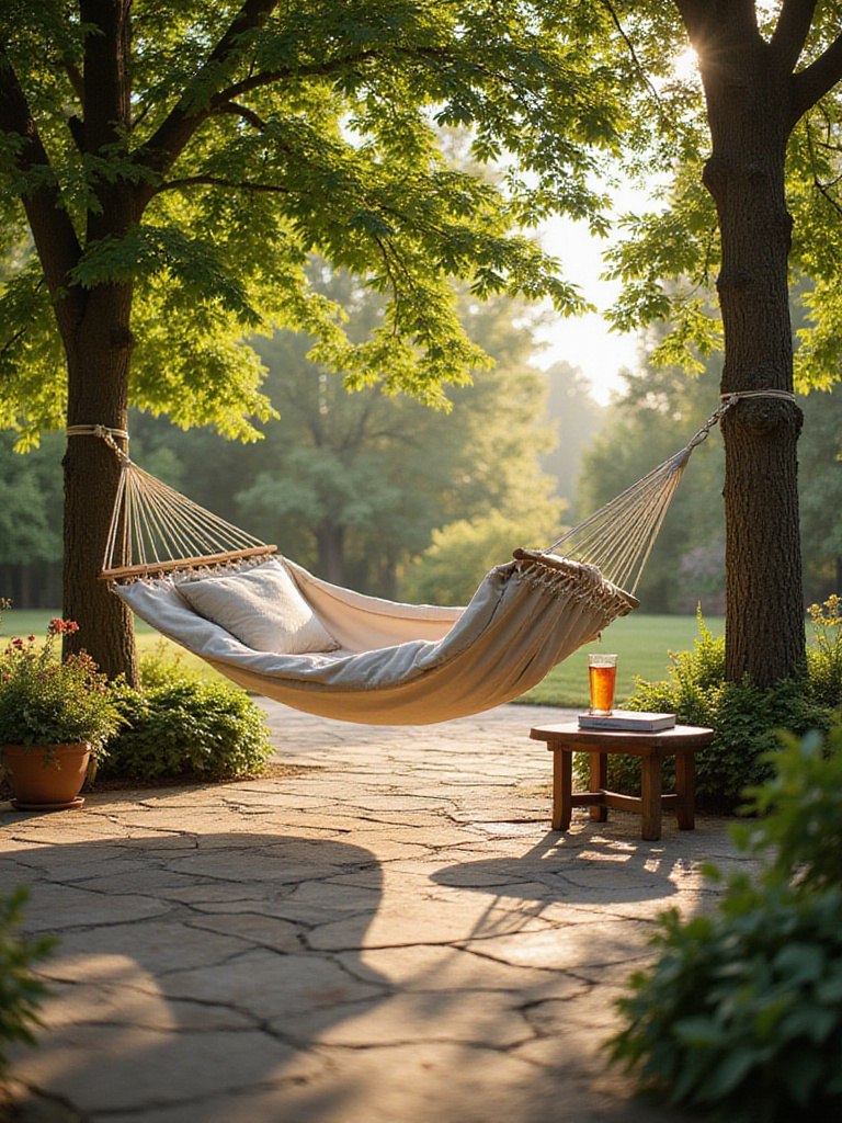 Relaxing backyard patio with hammock strung between trees, pillows, and side table.