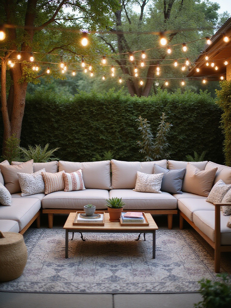 Luxurious outdoor patio with comfortable sectional sofa, plush cushions, and string lights.