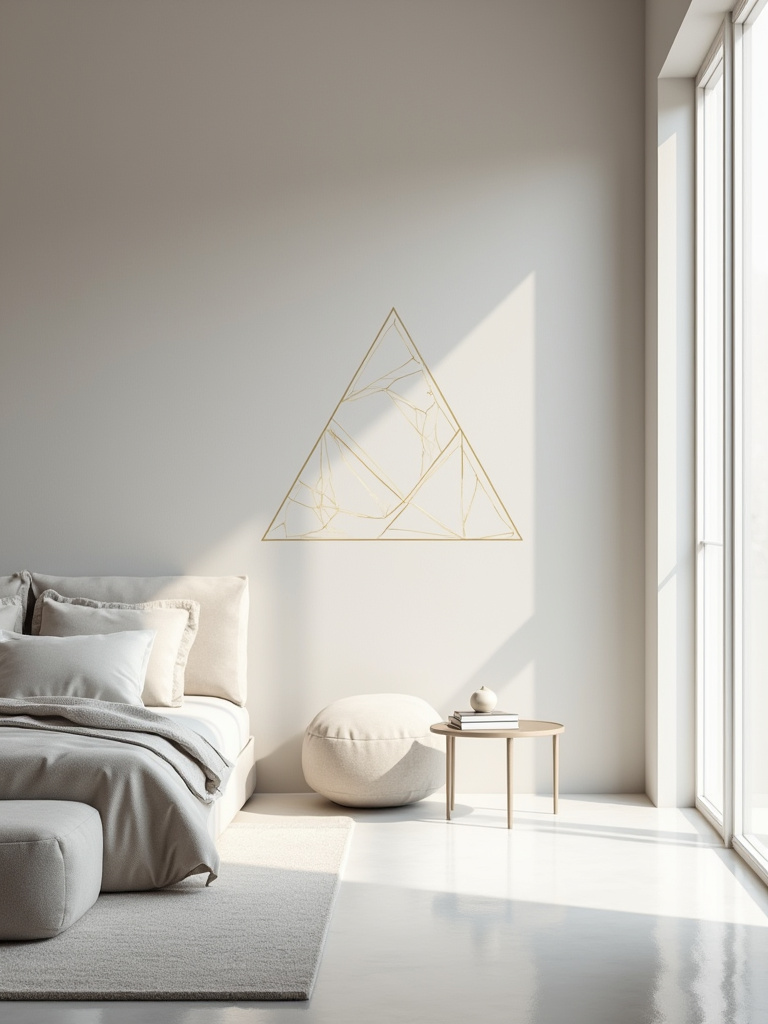 Bedroom with light gray wall and geometric gold paint accent.