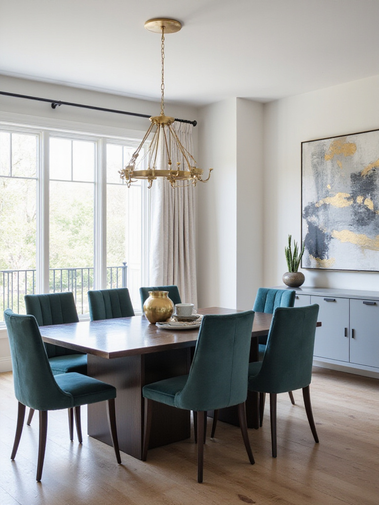 Modern dining room with gold chandelier, black hardware, and brass accents.