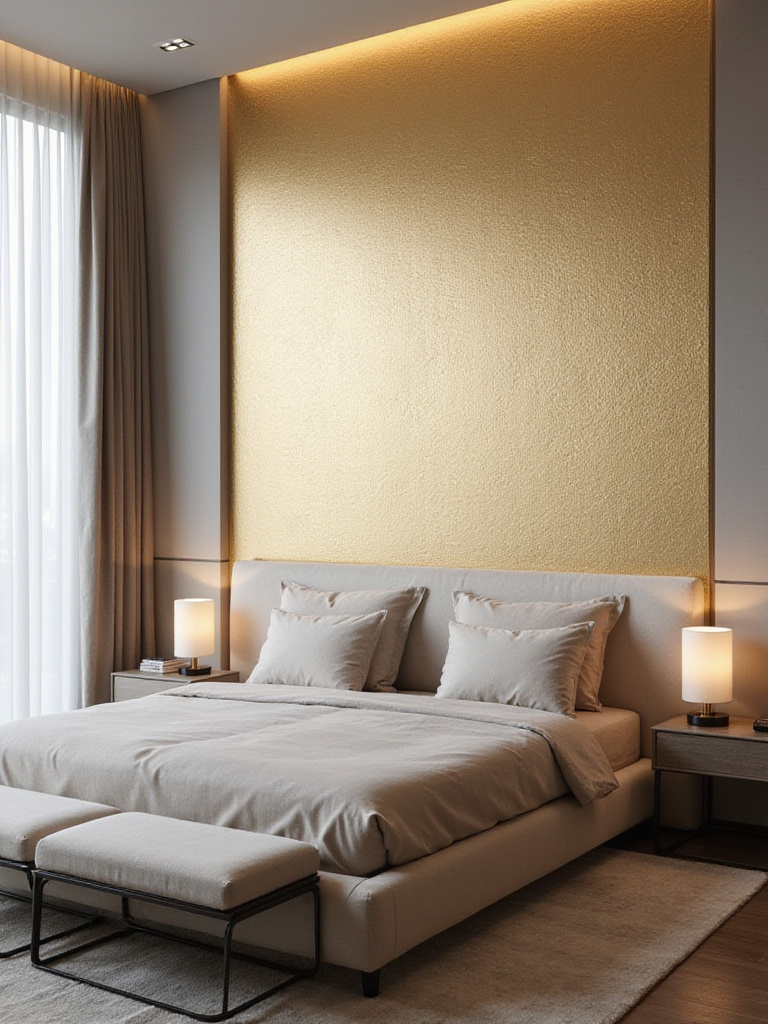 Modern bedroom with gold metallic accent wall wallpaper