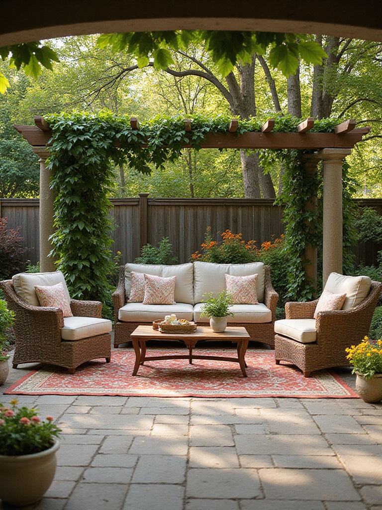 Backyard patio with patterned outdoor rug defining seating area