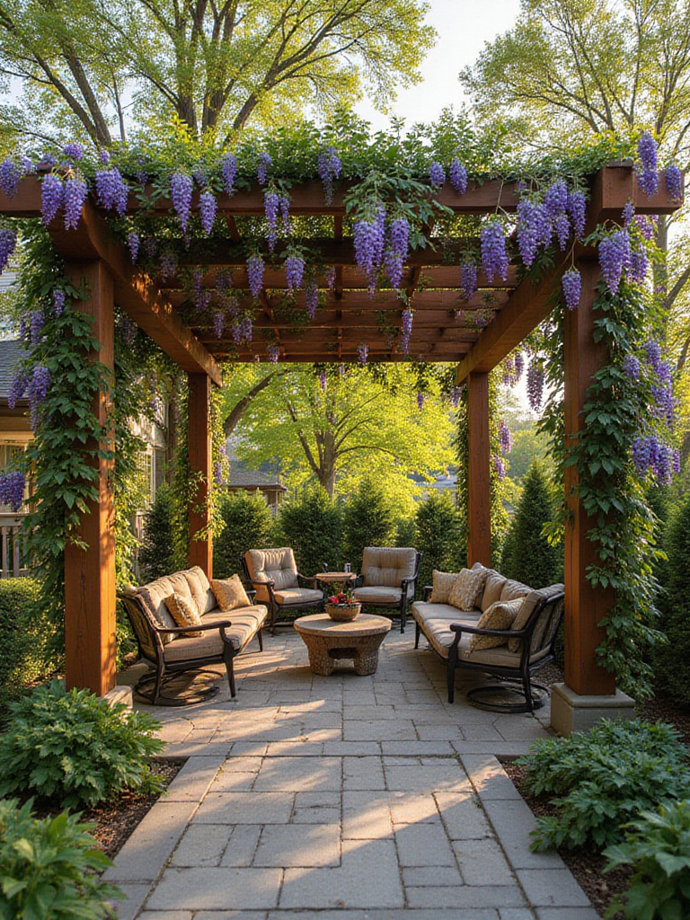 Backyard patio with cedar pergola covered in wisteria
