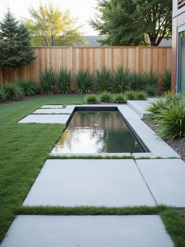 Backyard patio with a tranquil reflecting pond surrounded by paving stones and lush greenery.