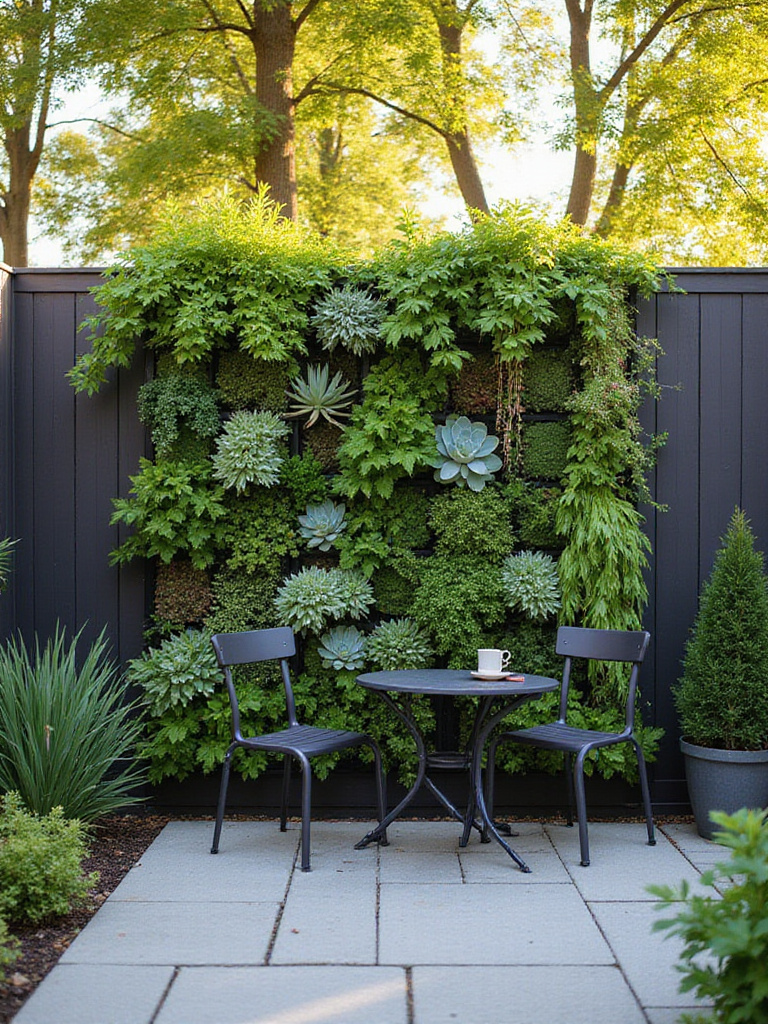 Small patio with a thriving vertical garden on a wooden fence.