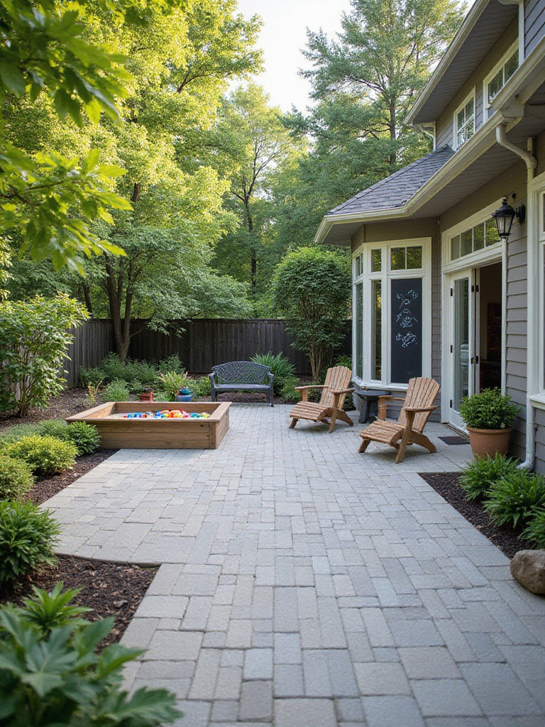 Backyard patio with dedicated kid-friendly play area featuring sandbox, chalkboard, and outdoor furniture.