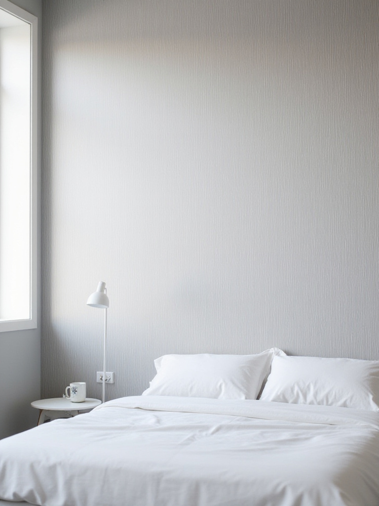 Minimalist bedroom with subtle light grey and white striped wallpaper