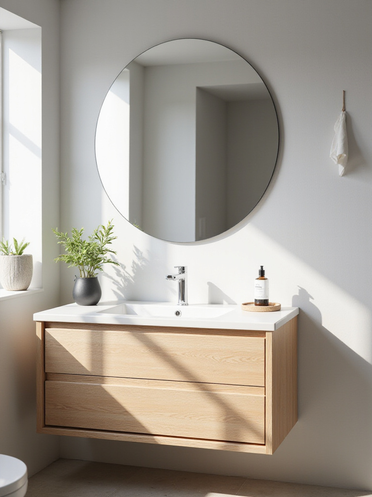 Modern bathroom with round frameless mirror above light wood vanity