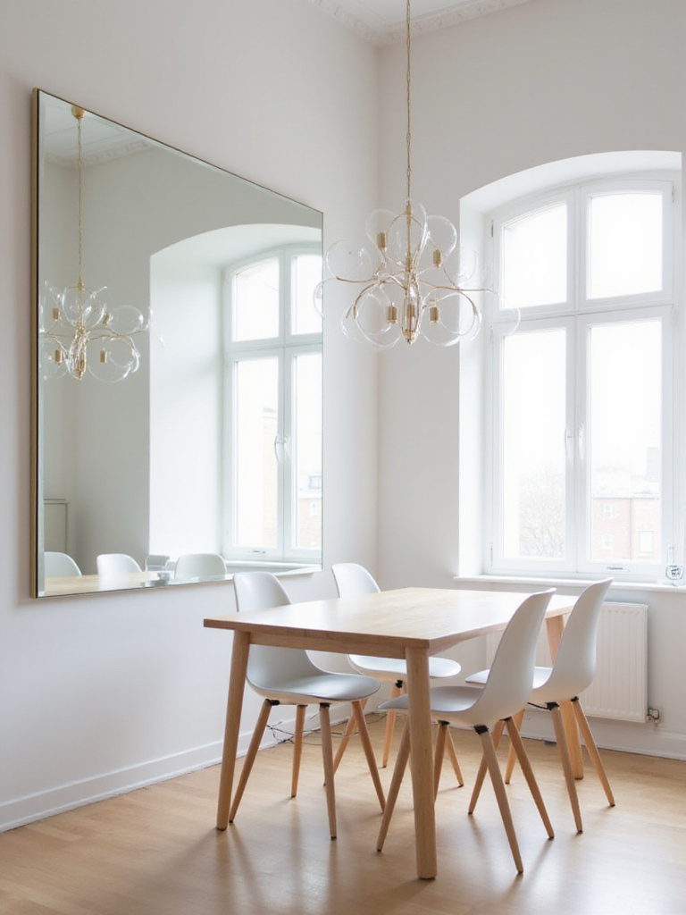 Modern dining room with a large wall mirror reflecting light and creating a spacious feel.