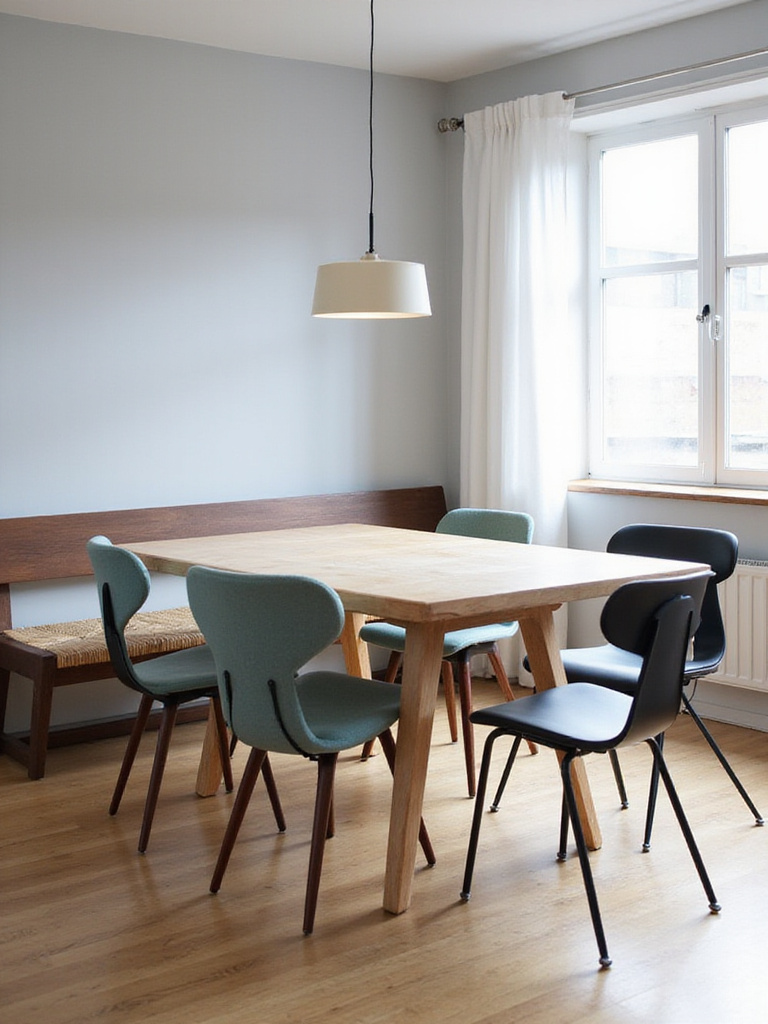 Modern dining room with mix-and-match seating including a wooden bench, upholstered chairs, and metal bistro chairs.